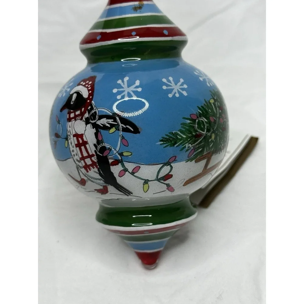 Pier 1 Le Bien Glass Ornament Reverse hand Painted Penguin Tree 2017 Teardrop